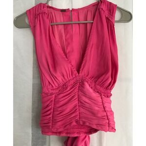 Free People Pink Ruched Deep V-Neck Tie Back Sleeveless Blouse Womens Medium